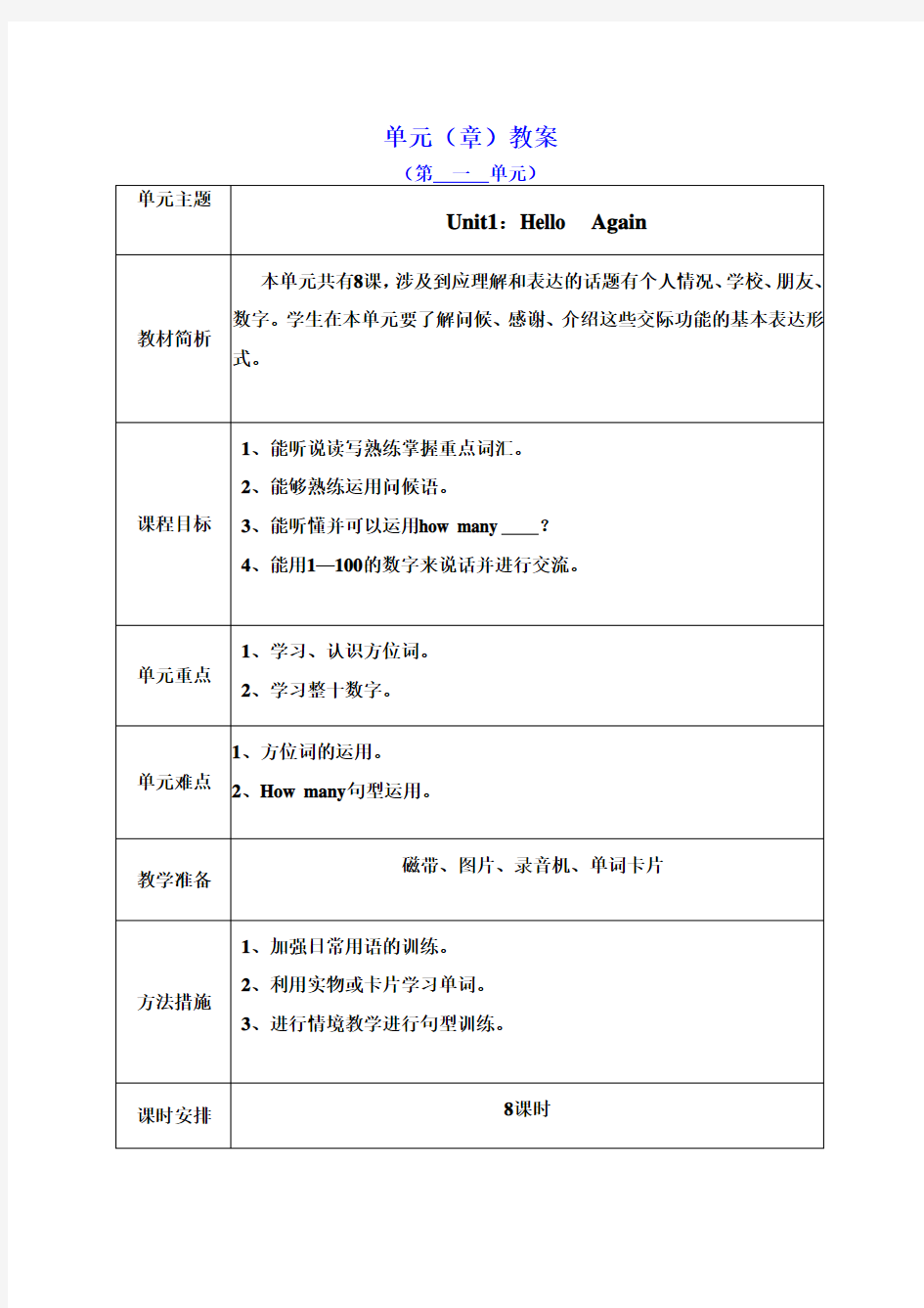 2018年最新冀教版小学四年级英语下册全册教案