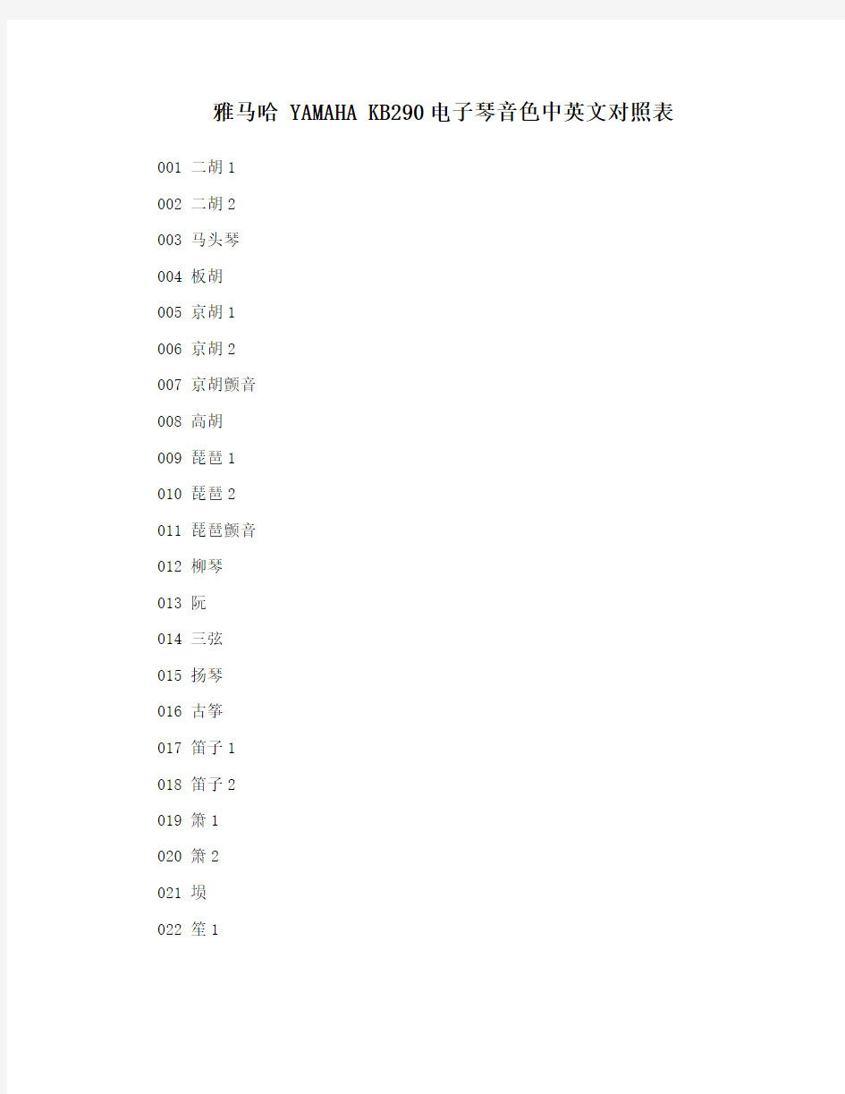 雅马哈 YAMAHA KB290电子琴音色中英文对照表