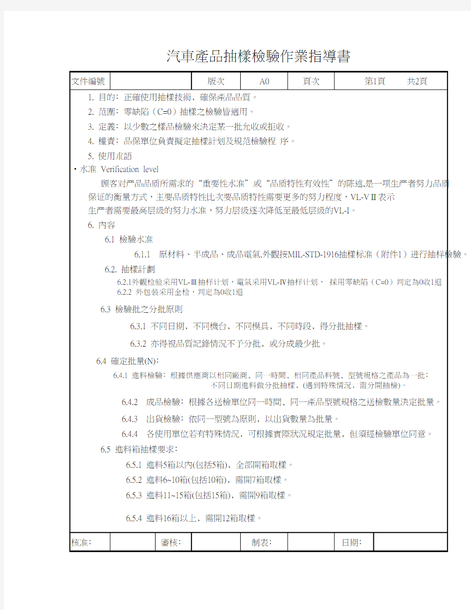 汽车产品抽样检验作业指导书