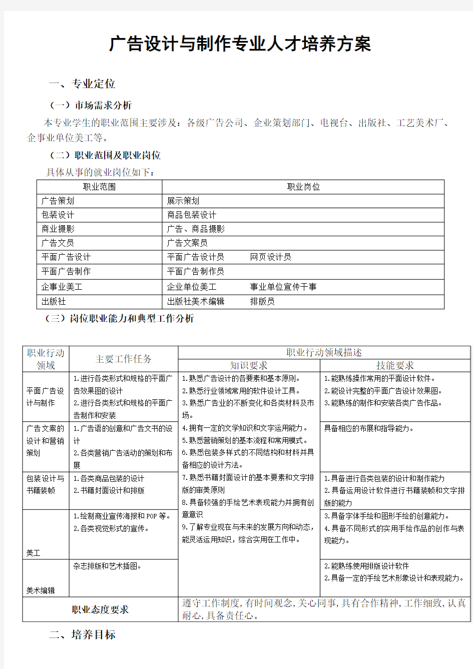 广告设计制作专业人才培养方案