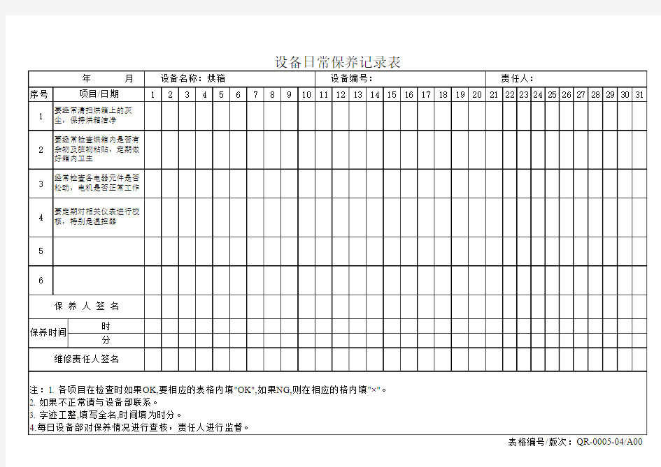 烘箱设备日常保养记录表