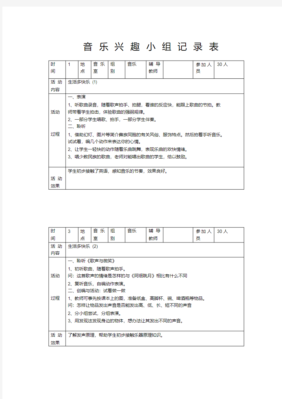 小学音乐兴趣小组活动记录表