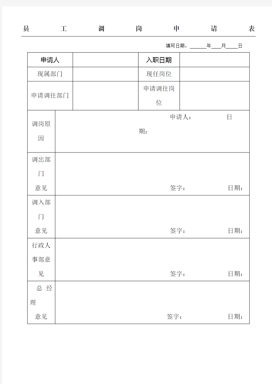 员工调岗申请表格模板