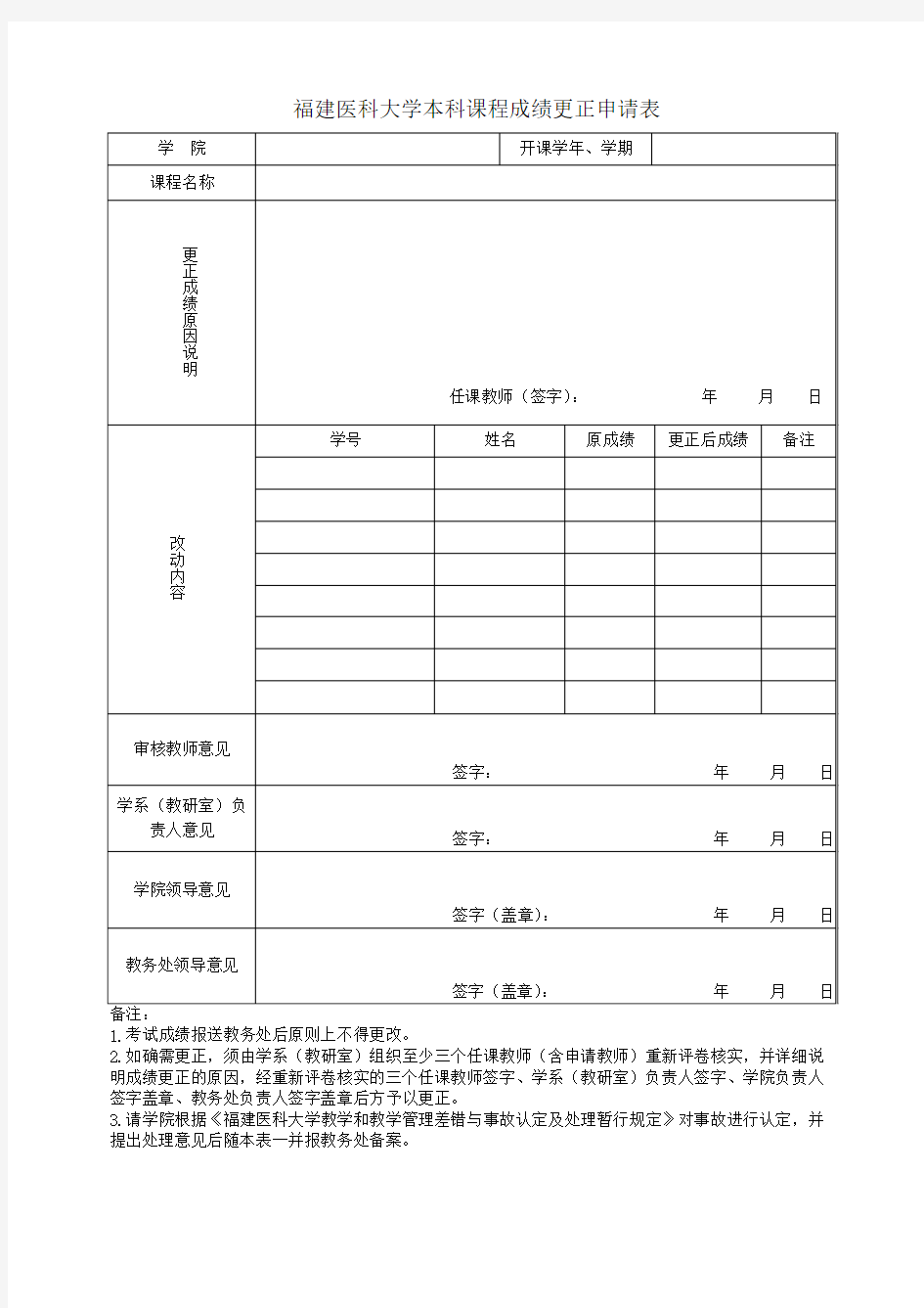 成绩更改申请表