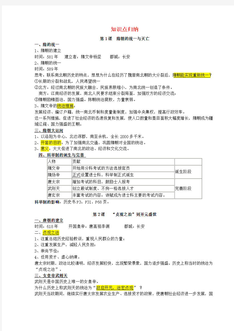 七年级历史下册 知识点归纳 新人教版