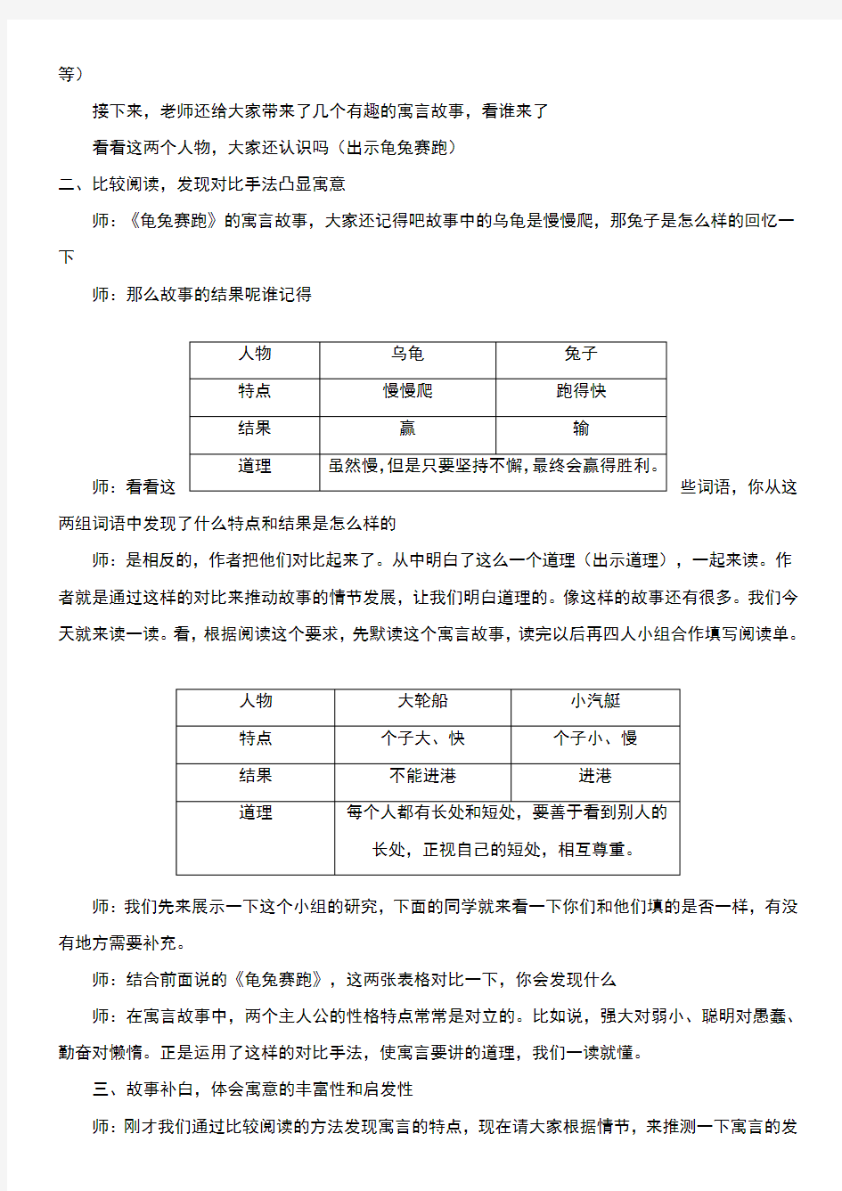 群文阅读教学设计《寓言故事中的对比》