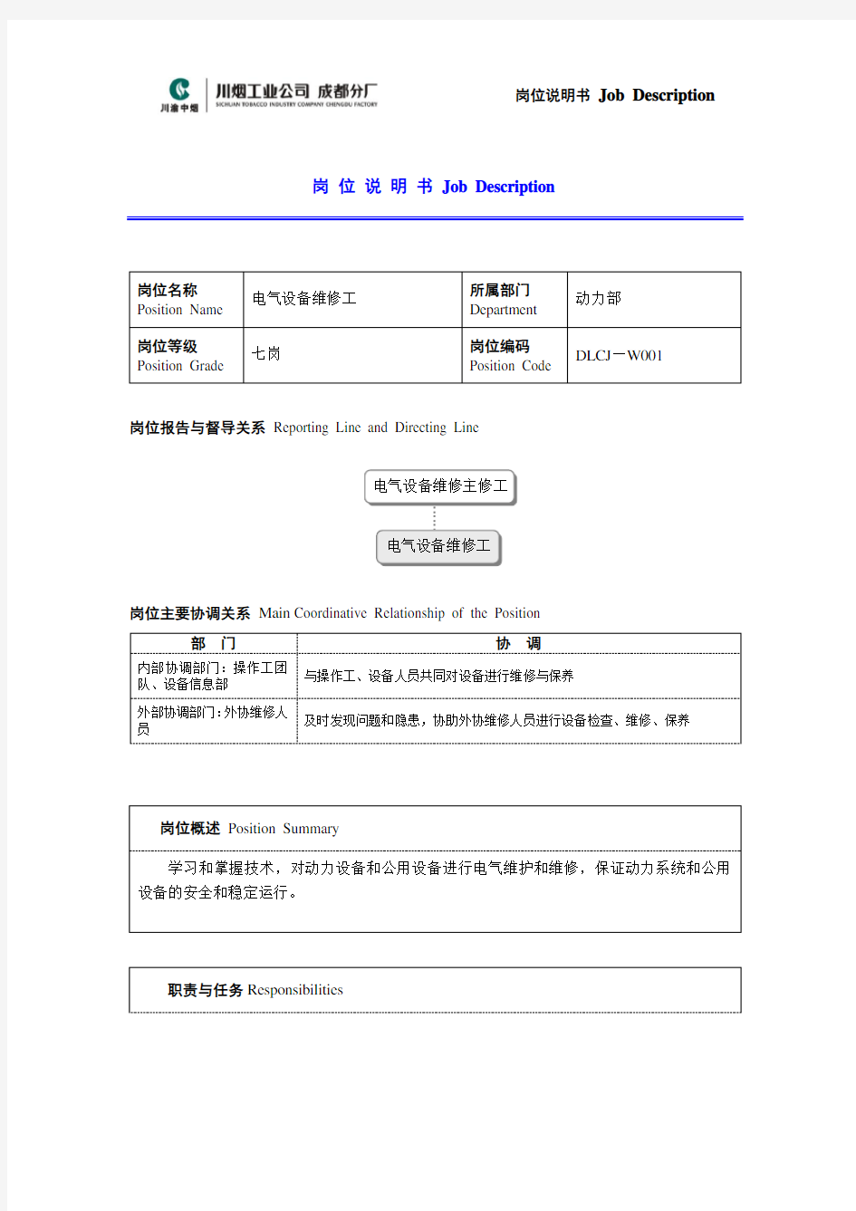 电气设备维修工岗位说明书范例