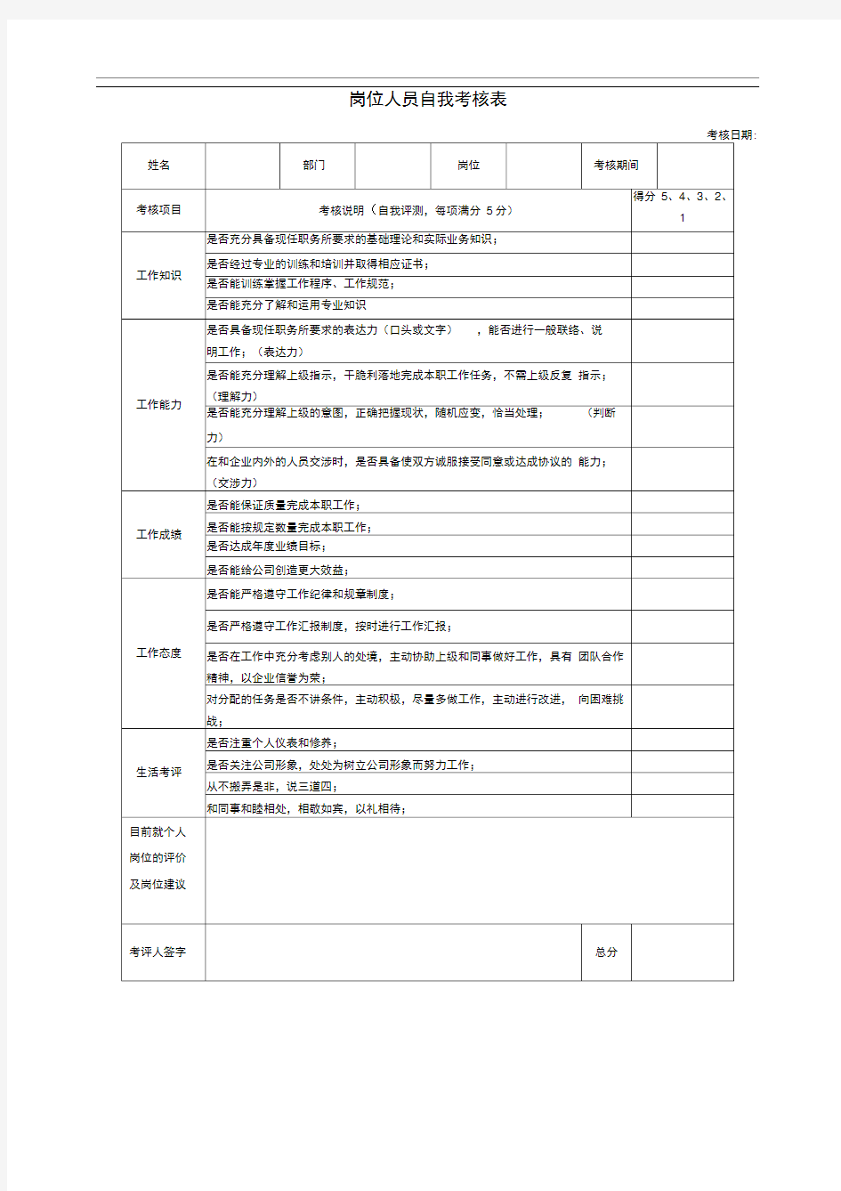 公司员工年终考核表