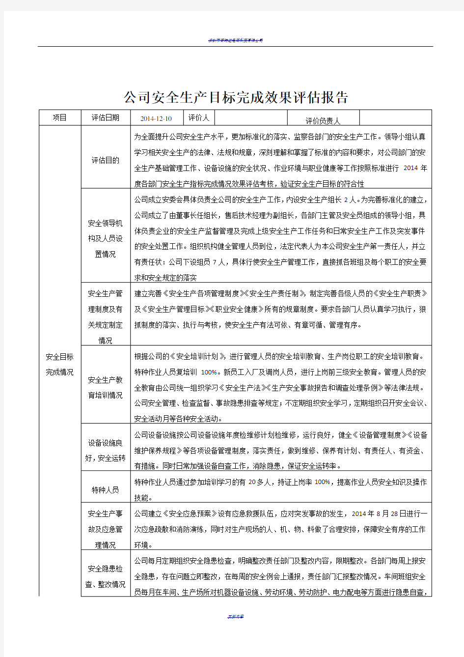 公司安全生产目标完成效果评估报告