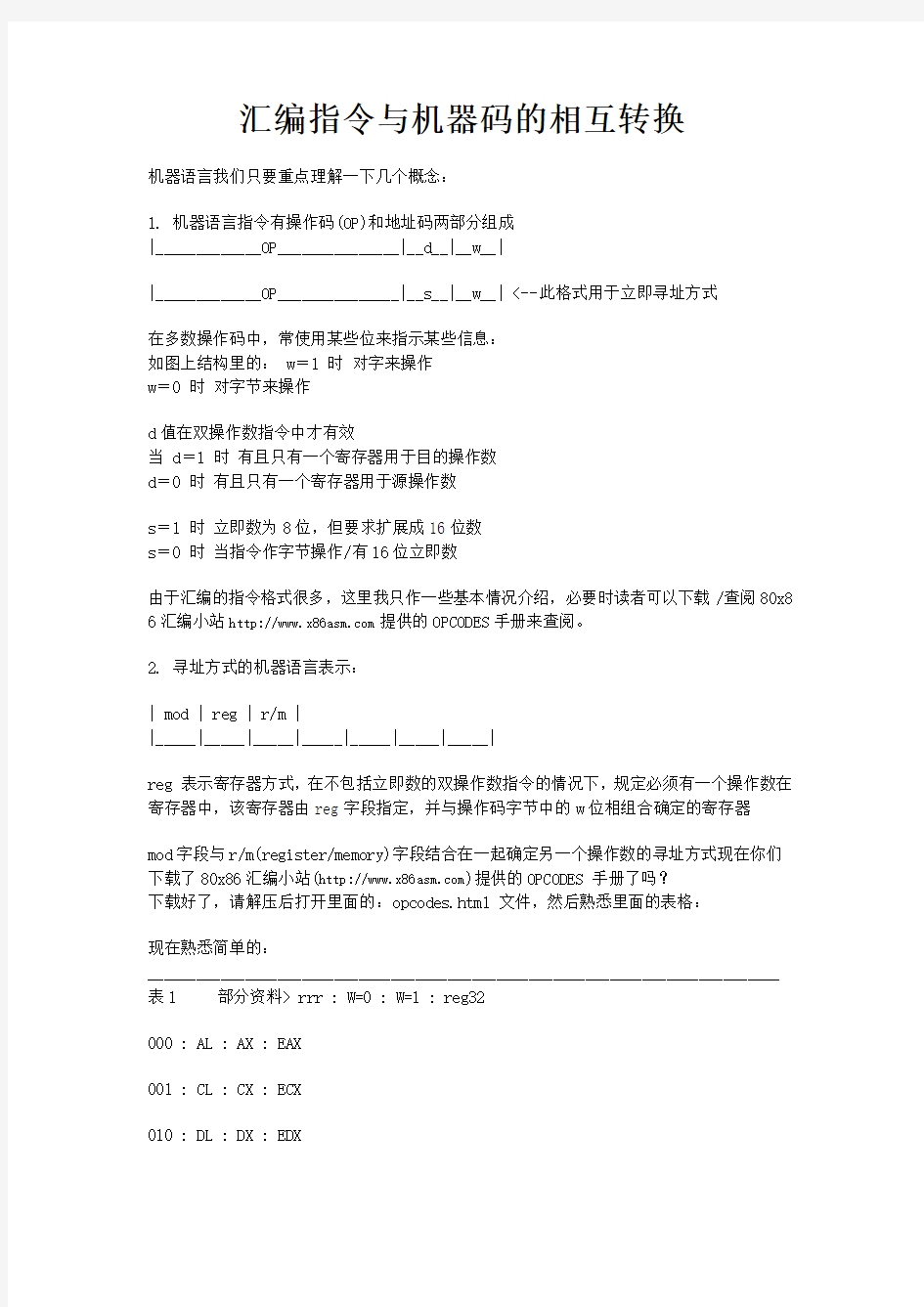 汇编指令与机器码的相互转换