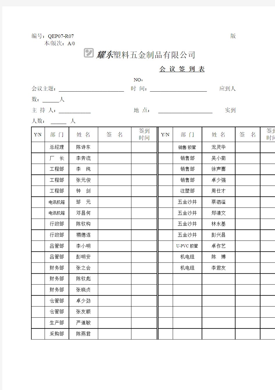 会议签到表模板范文