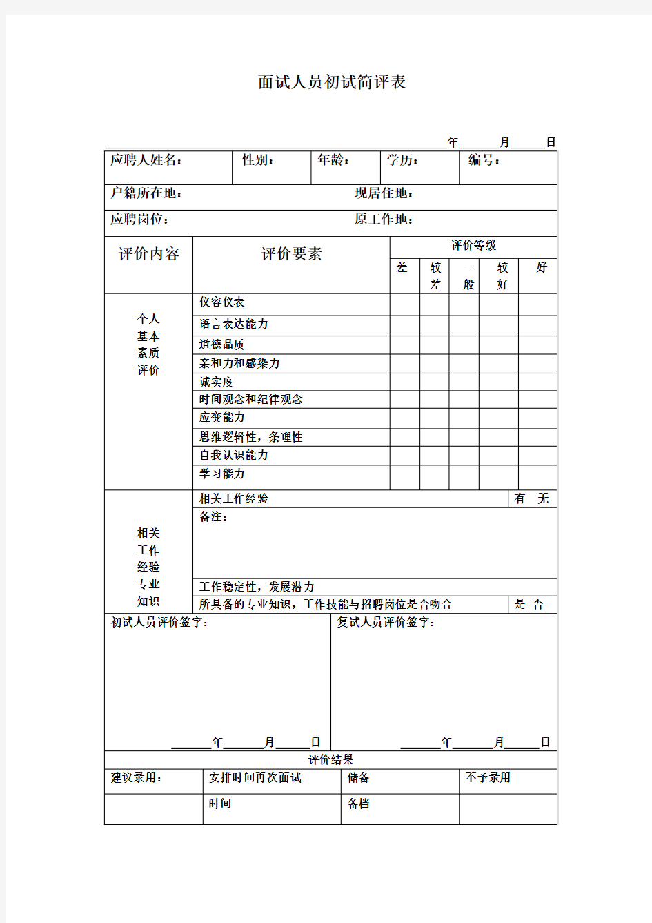 面试人员初试简评表