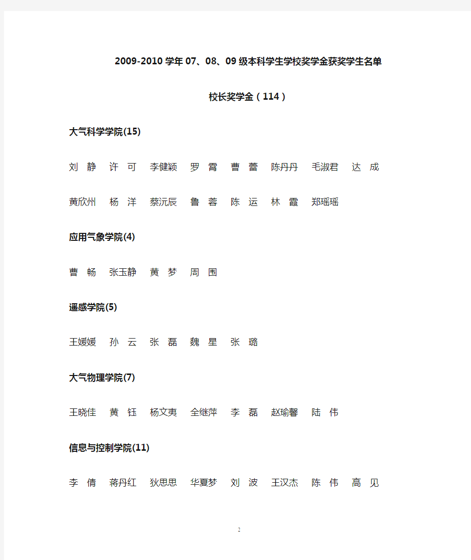 09级本科学生学校奖学金获奖学生名单