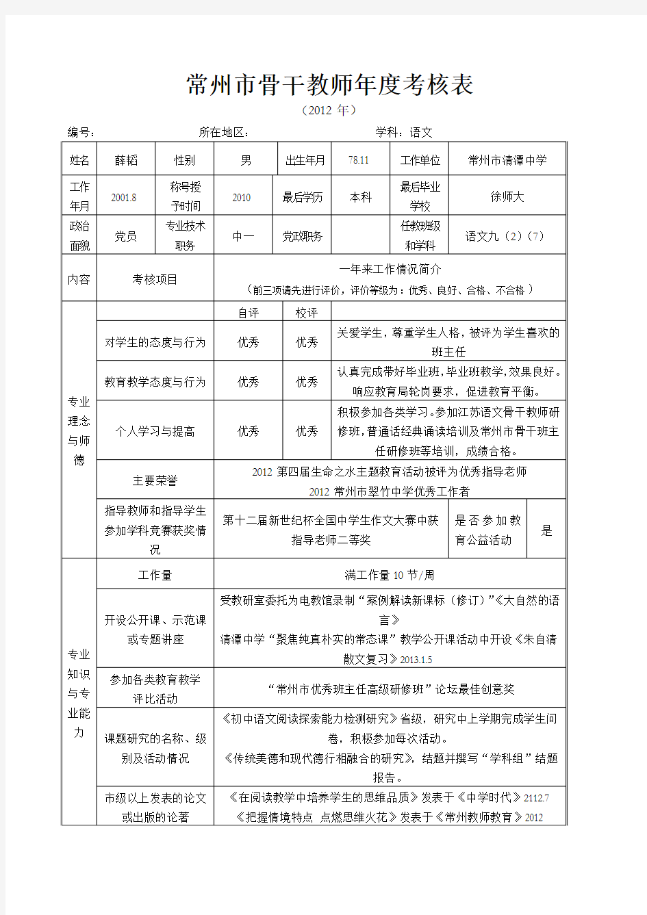 常州市学科带头人年度考核表