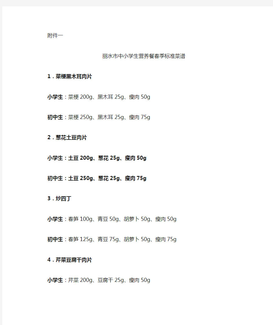 春季学生营养餐(中餐)带量食谱