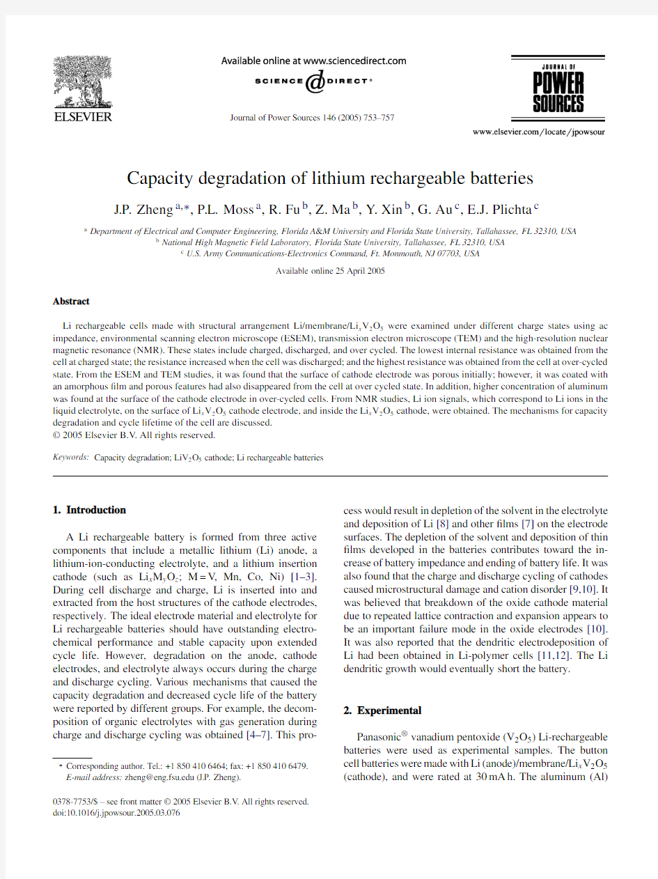 Capacity degradation of lithium rechargeable batteries2005_JPS