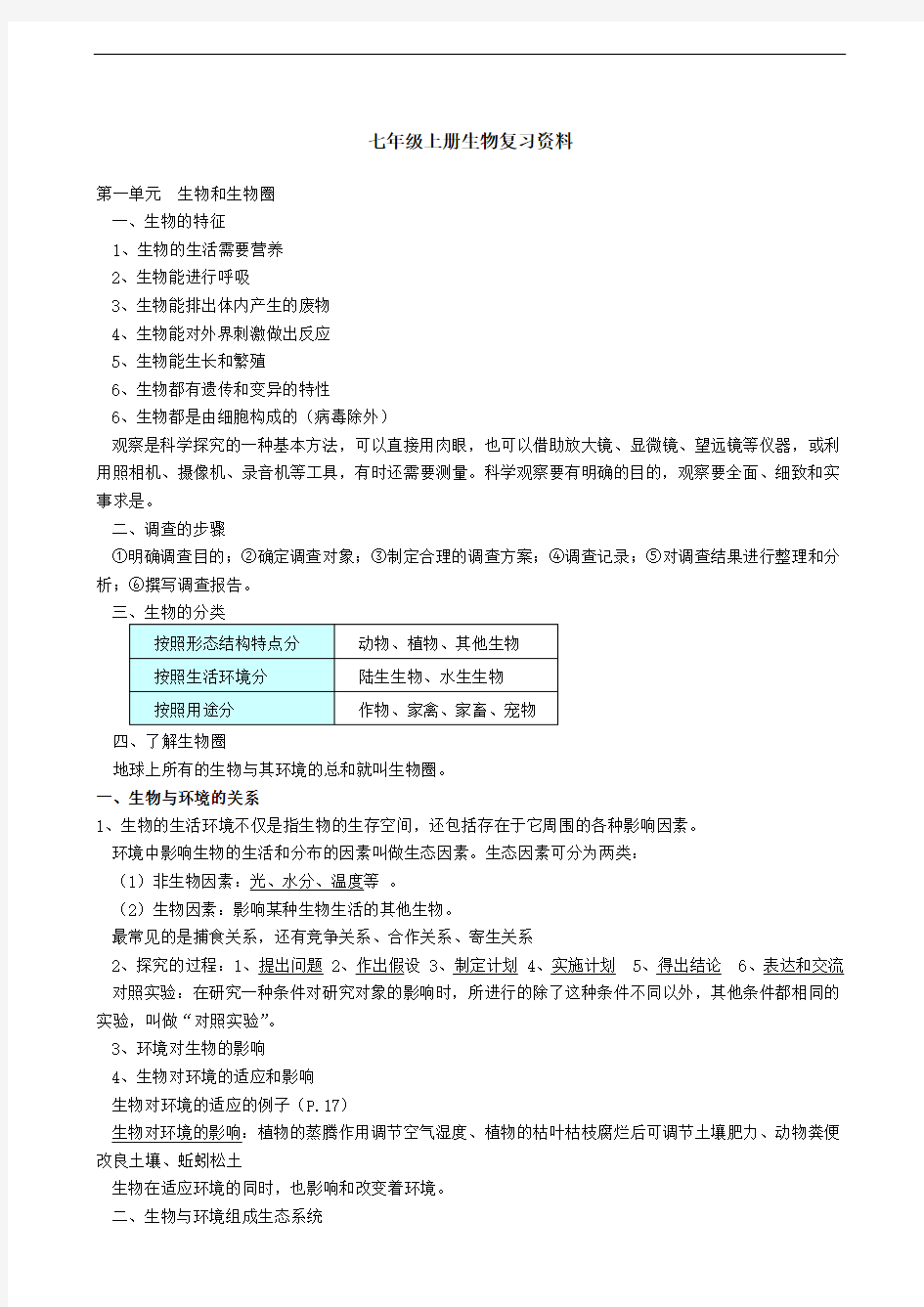 最新人教版生物七年级上册复习资料