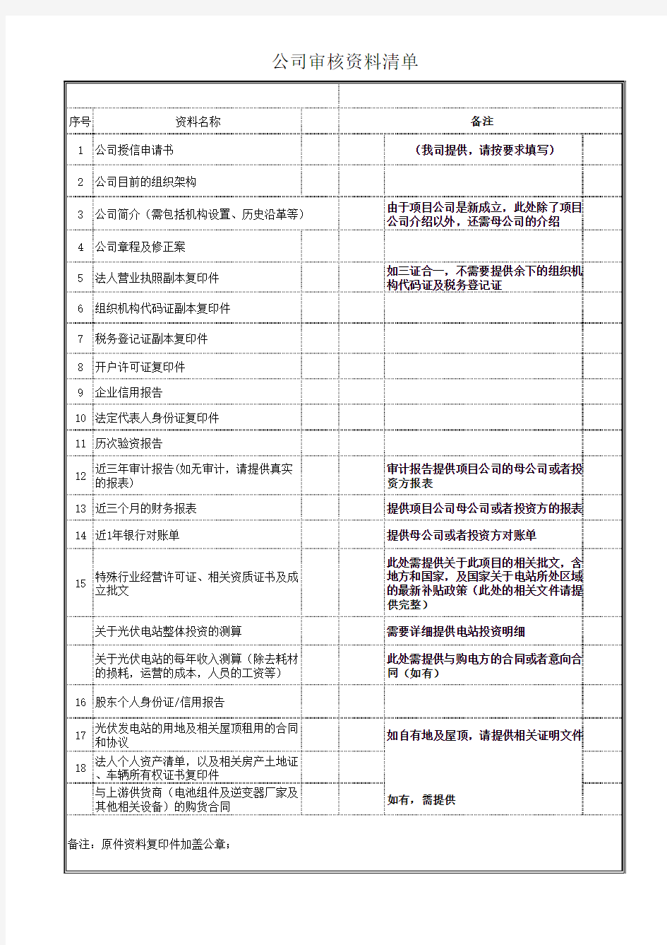 光伏电站资料清单(尽调)