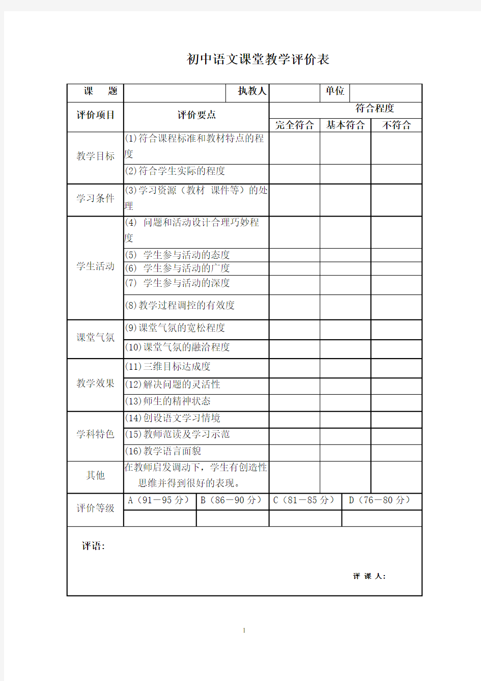 初中语文课堂教学评价表 )