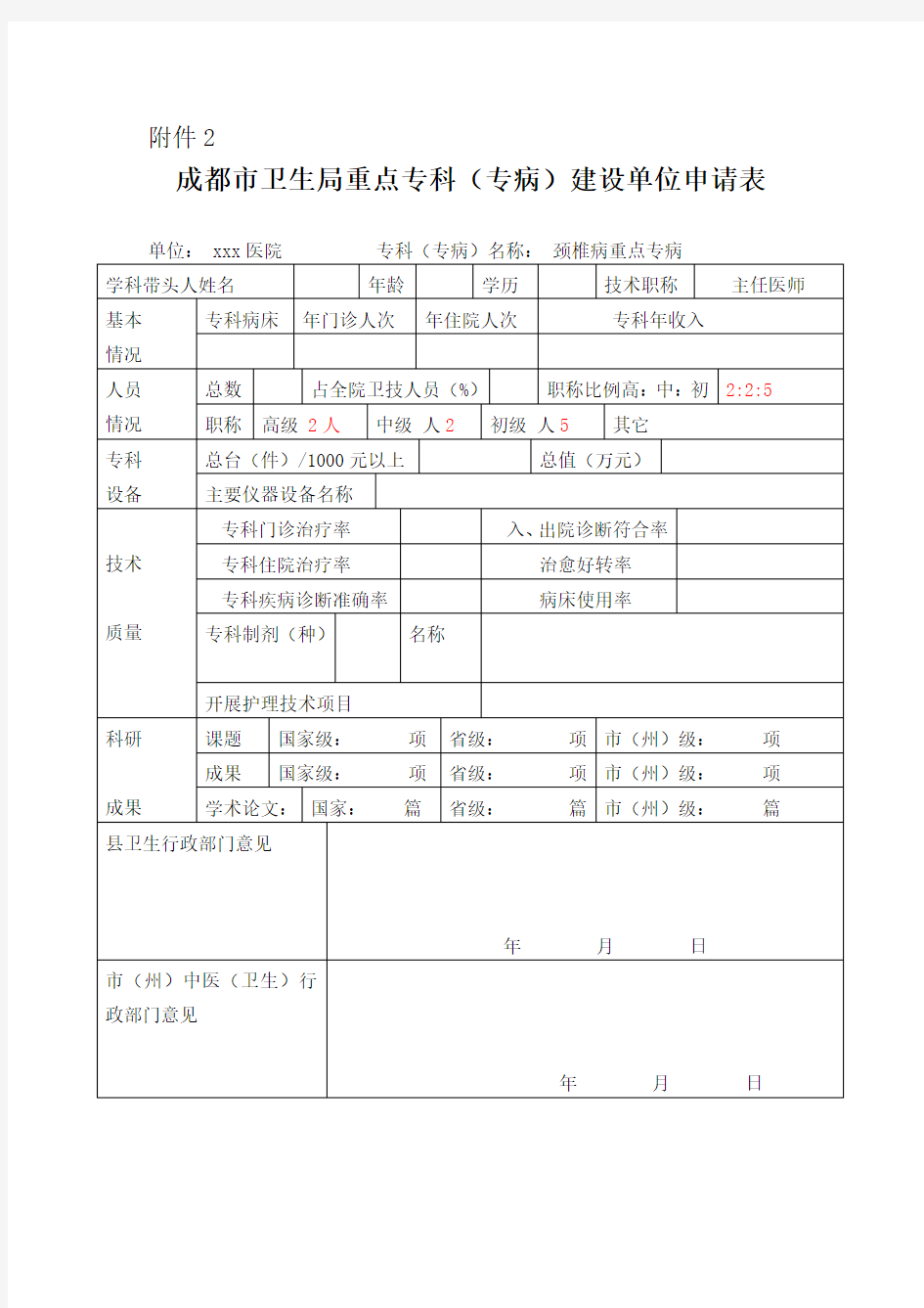 重点专科专病申报表(颈椎病)