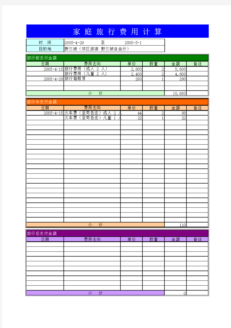 家庭旅行费用计算Excel模板1