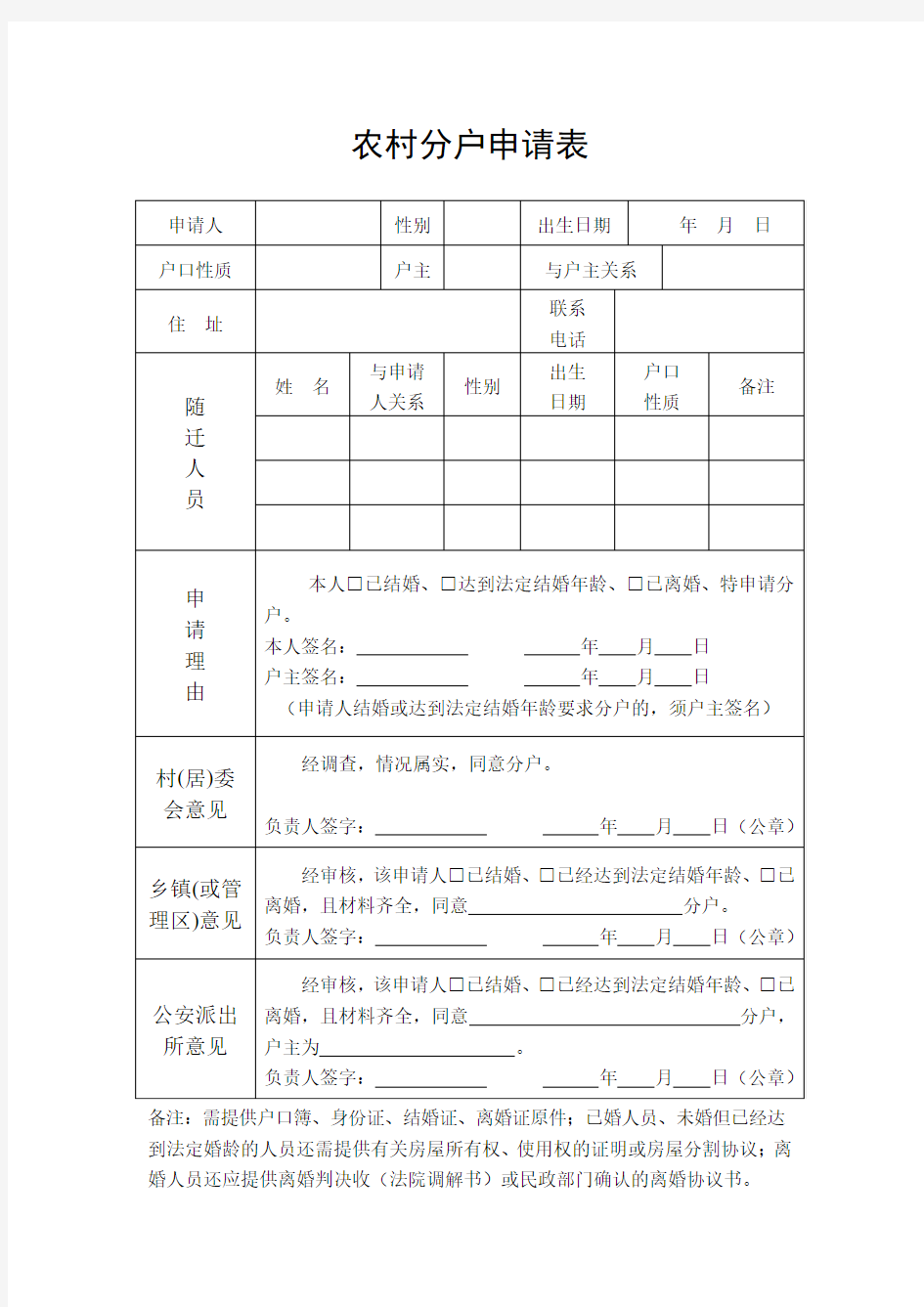 农村分户申请表