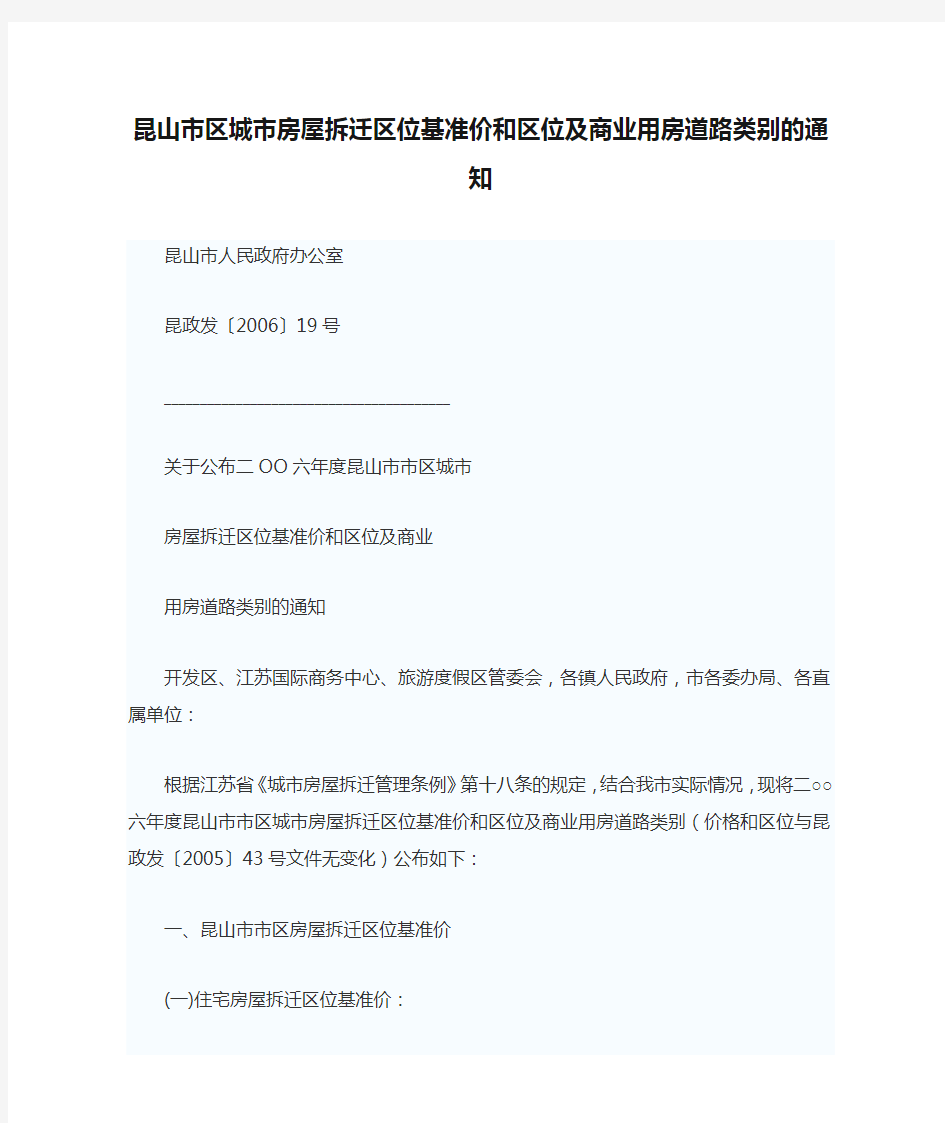 昆山市区城市房屋拆迁区位基准价和区位及商业用房道路类别的通知