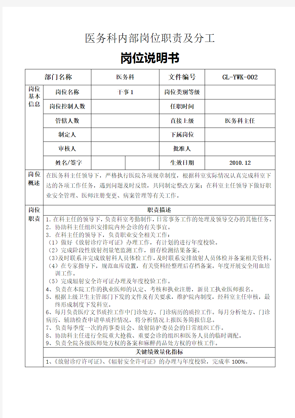 医务科岗位职责分工