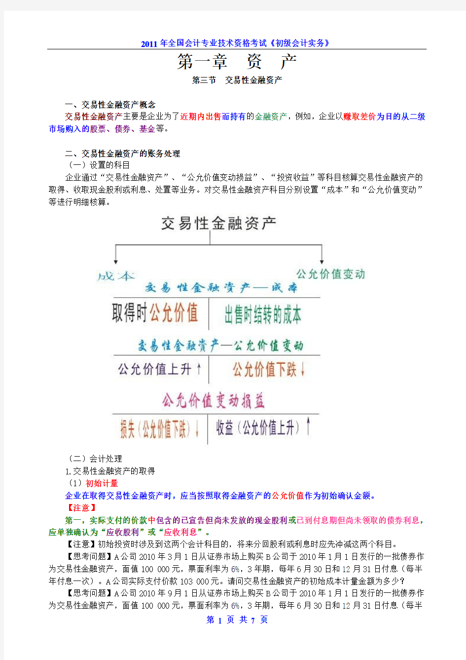 《初级会计实务》第一章 资产第三节 交易性金融资产