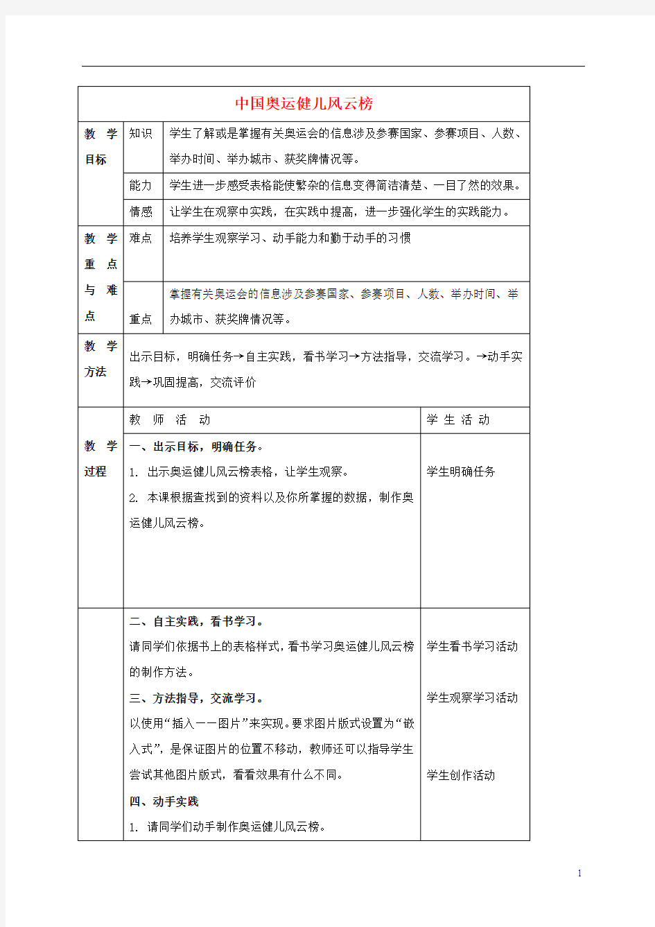 四年级信息技术上册 中国奥运健儿风云榜 2教案 冀教版