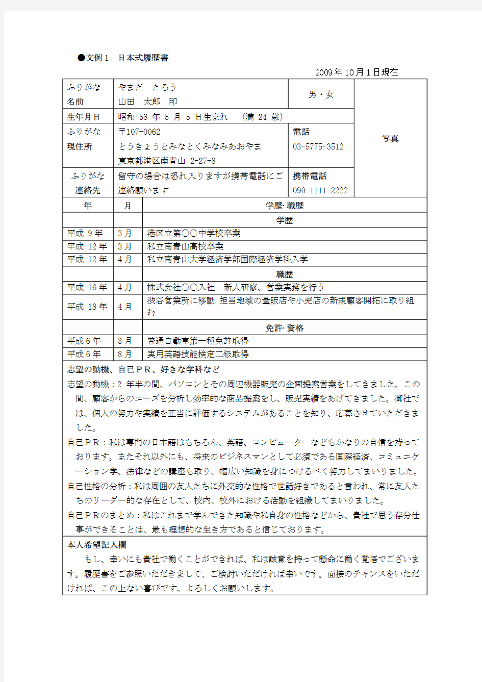 文例1  日本式履歴书