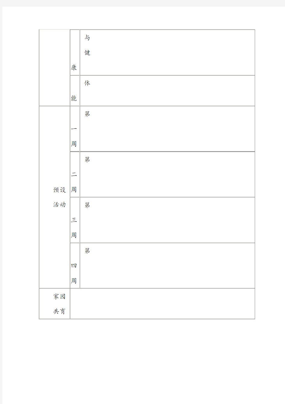 幼儿园大班月主题活动计划表(模板)