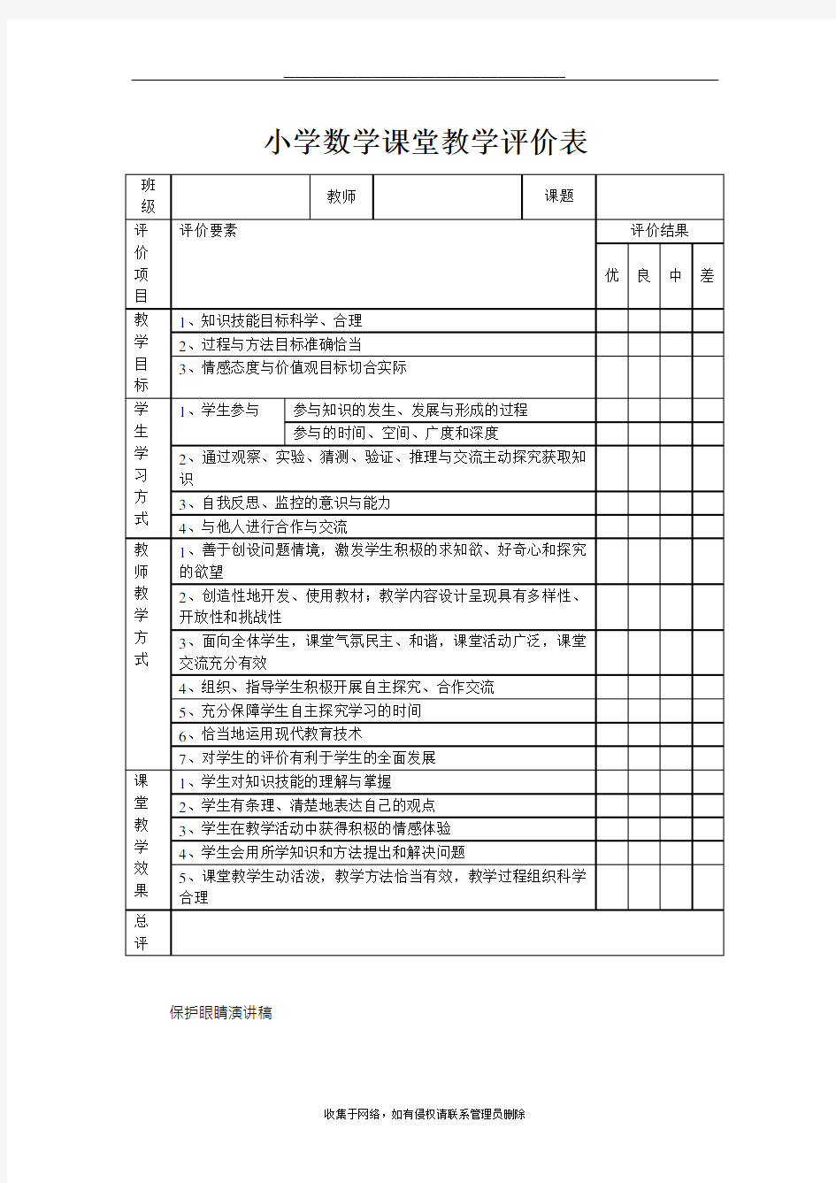 最新小学数学课堂教学评价表(一)