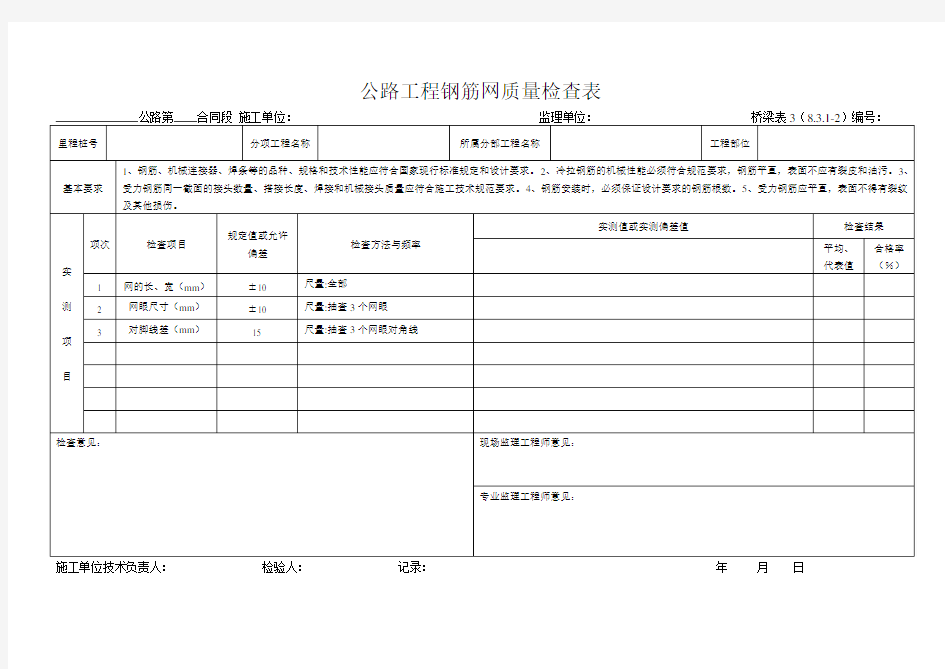 桥梁表3  公路工程钢筋网质量检查表