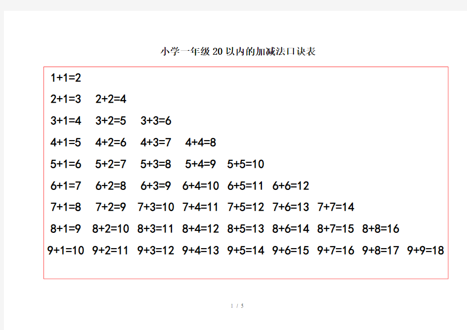 小学一年级20以内的加减法口诀表