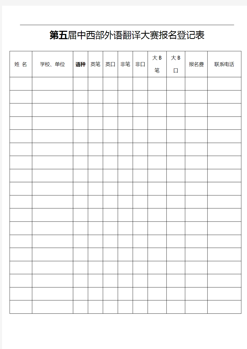 第五届中西部外语翻译大赛报名登记表