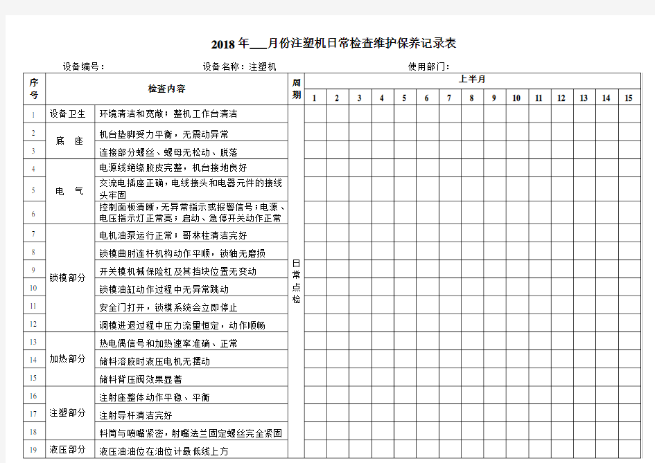 【注塑机详细版】日常检查维护保养记录表