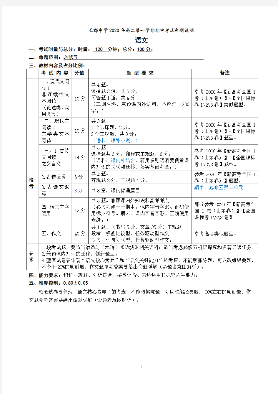 2020年下长郡中学高二期中考试命题说明