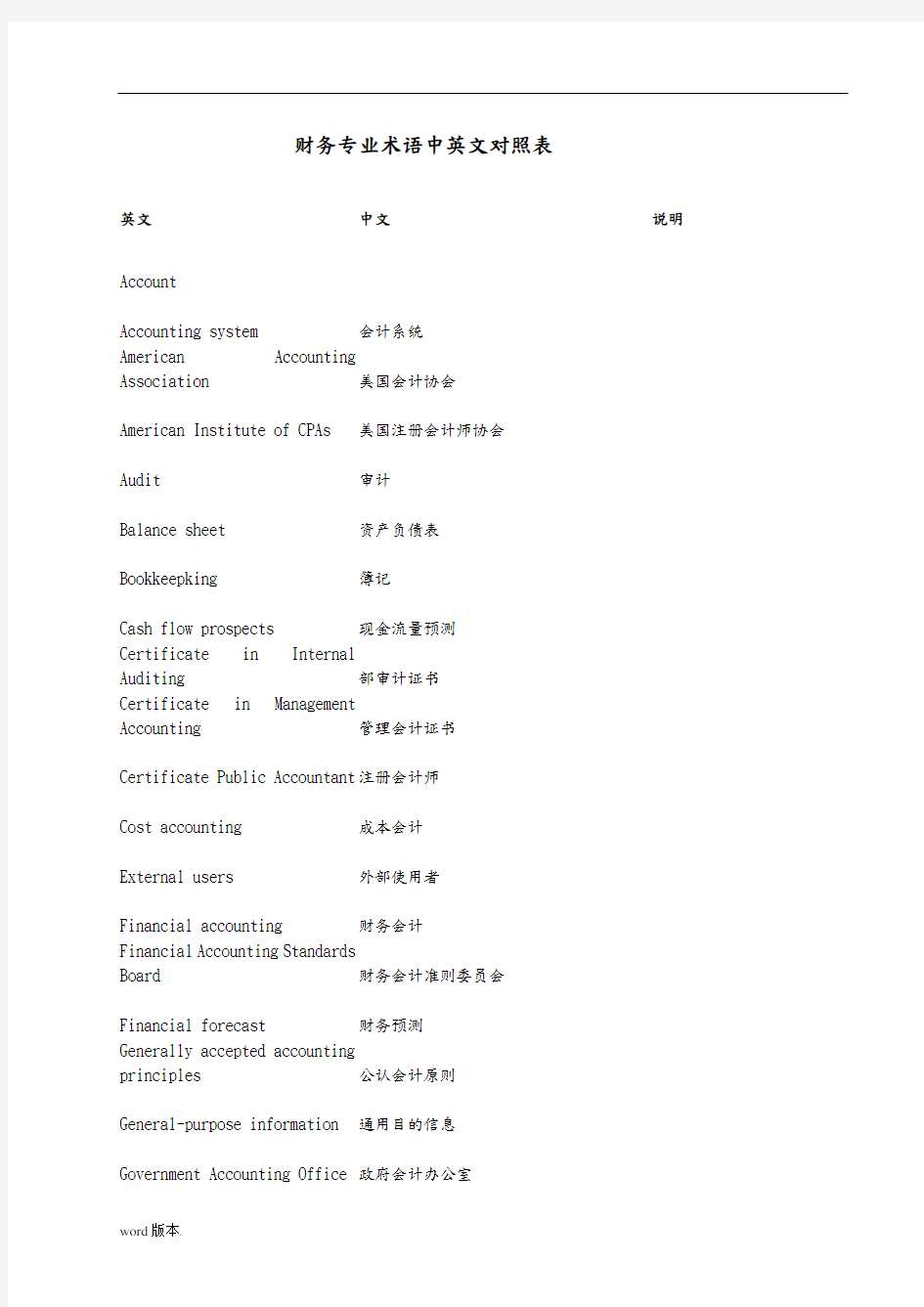 财务专业术语中英文对照表