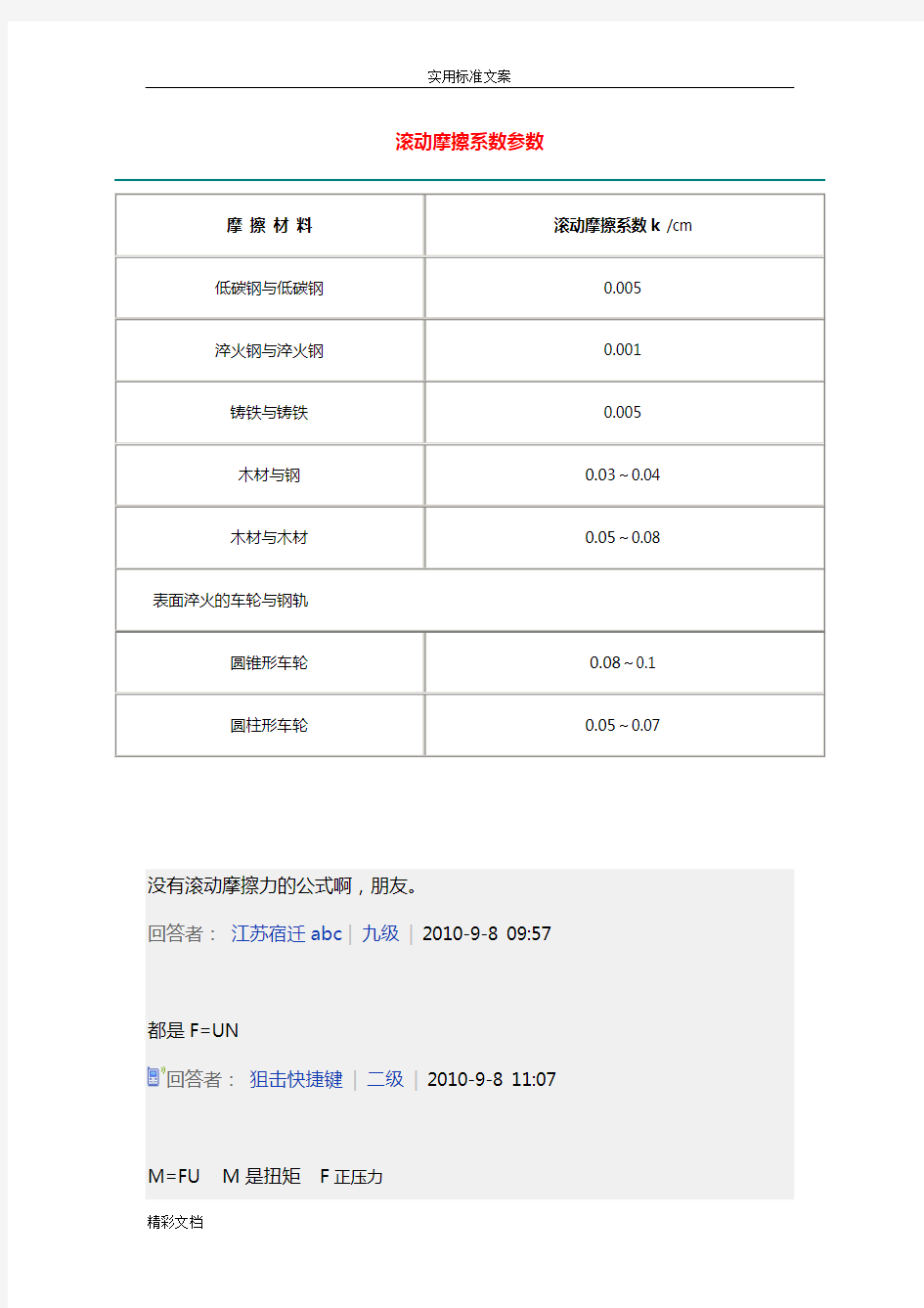 滚动摩擦系数全参数与详解