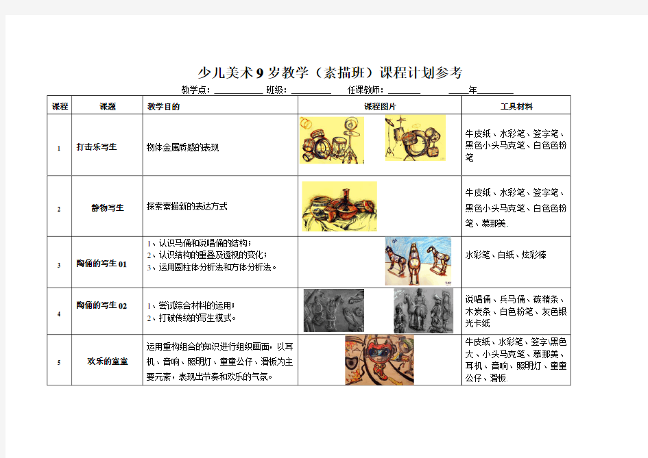 少儿美术9岁教学(素描班)课程计划参考