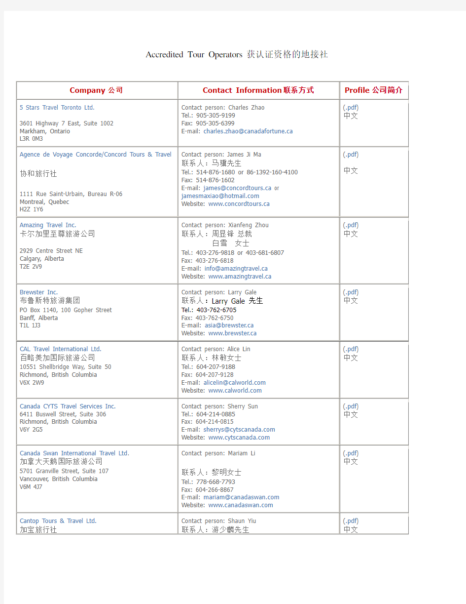 加拿大指定接待中国旅游团的旅行社名单 精品