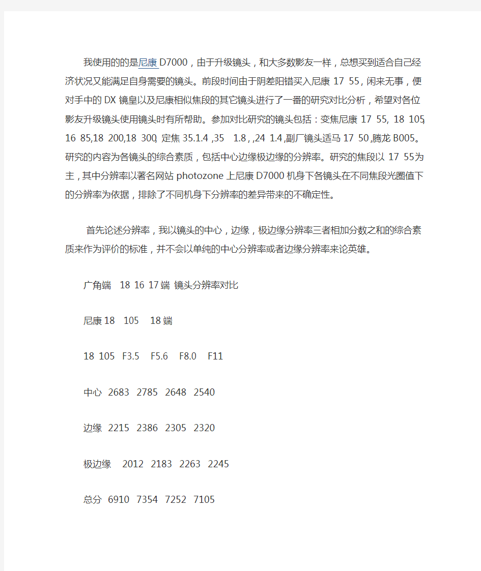 各镜头分辨率参数