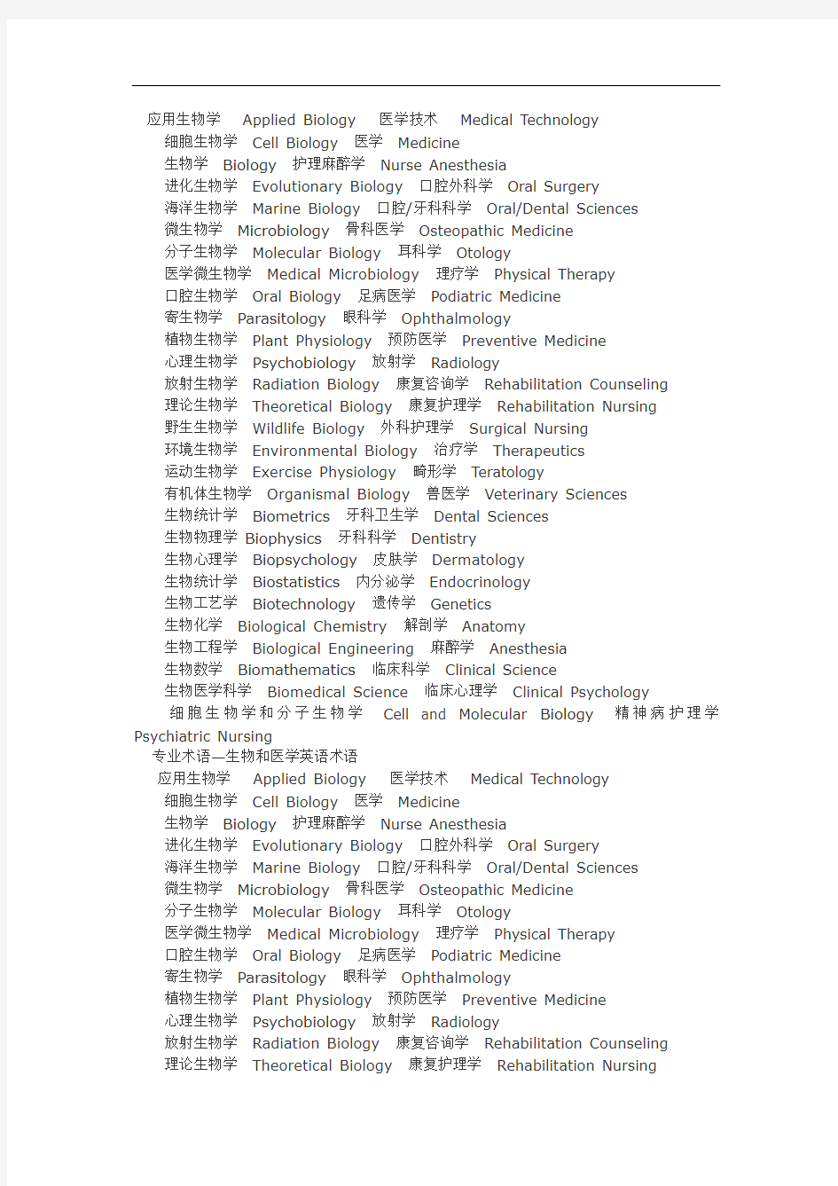 专业术语—生物和医学英语术语