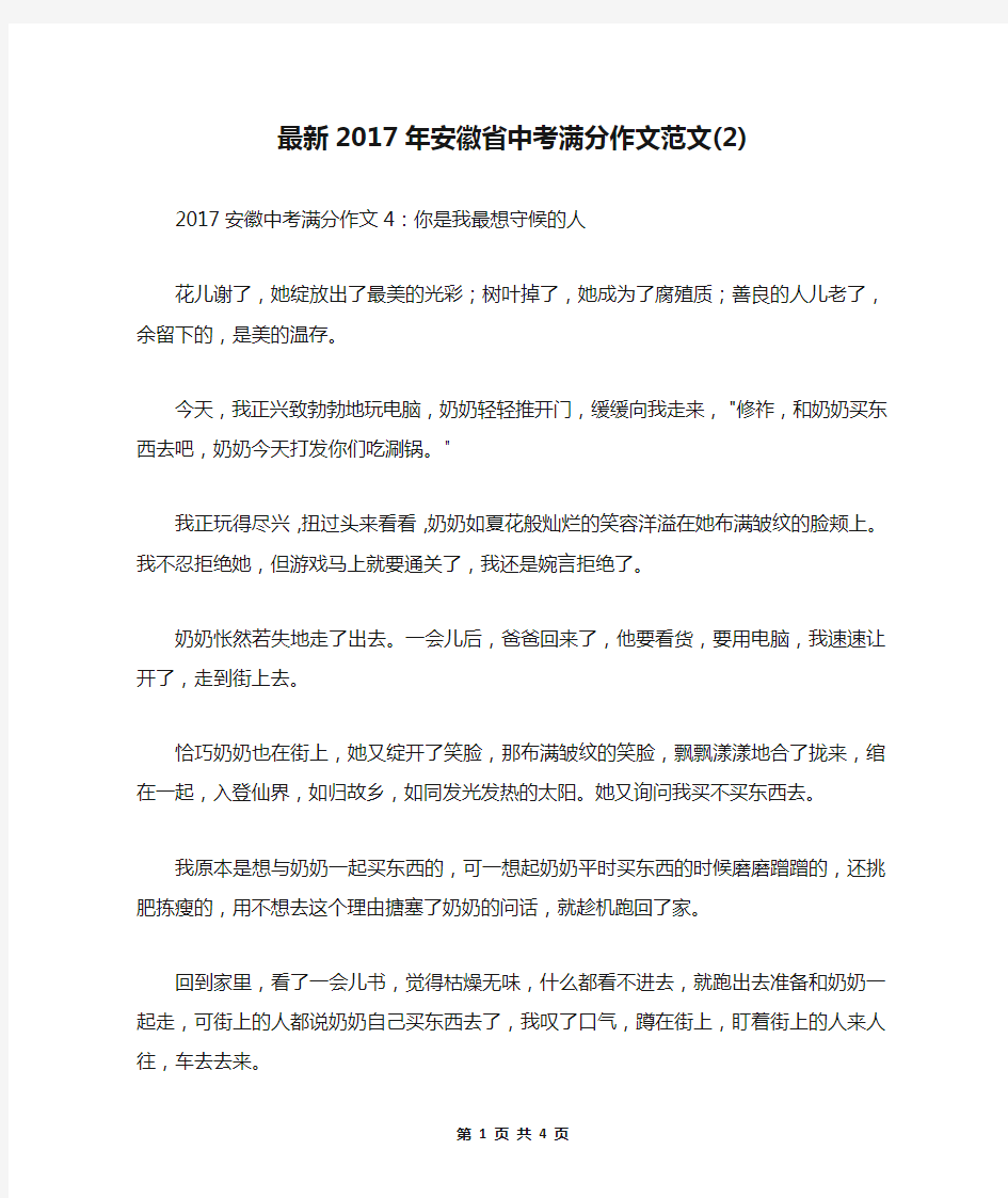 最新2017年安徽省中考满分作文范文(2)