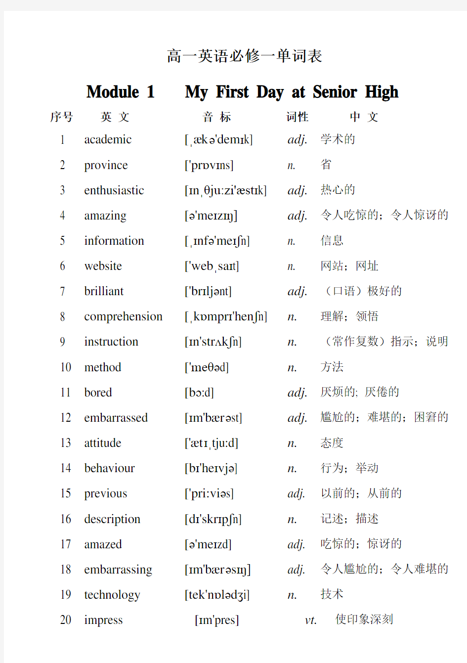 外研社高一英语必修1单词表