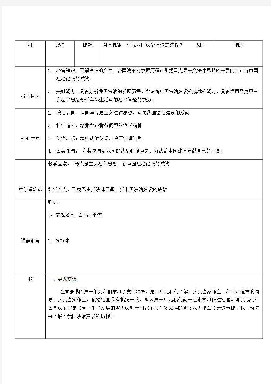 高中政治部编版(2019)必修三政治与法治教案设计：7.1我国法治建设的历程