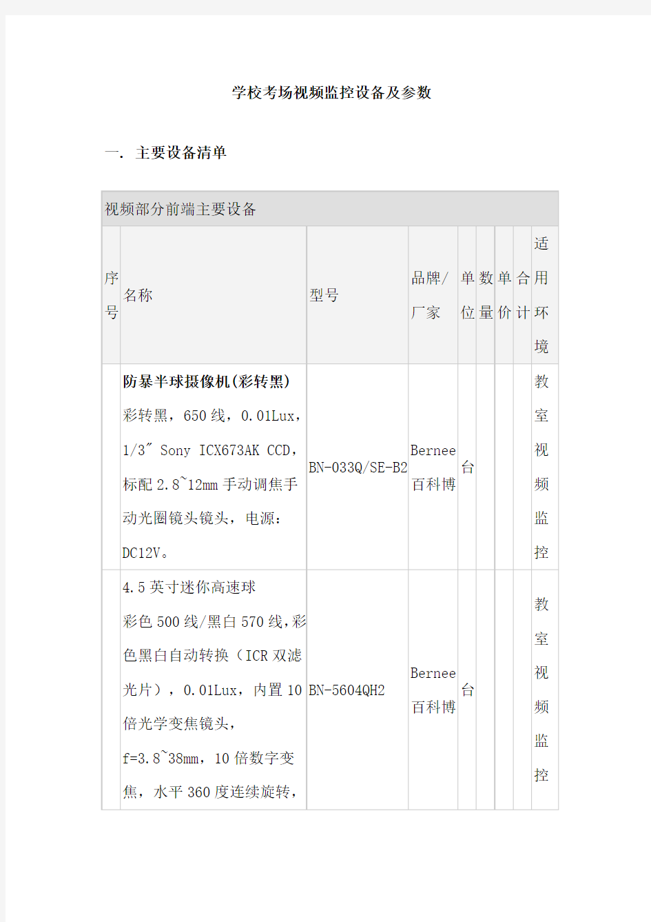 学校考场视频监控设备及参数