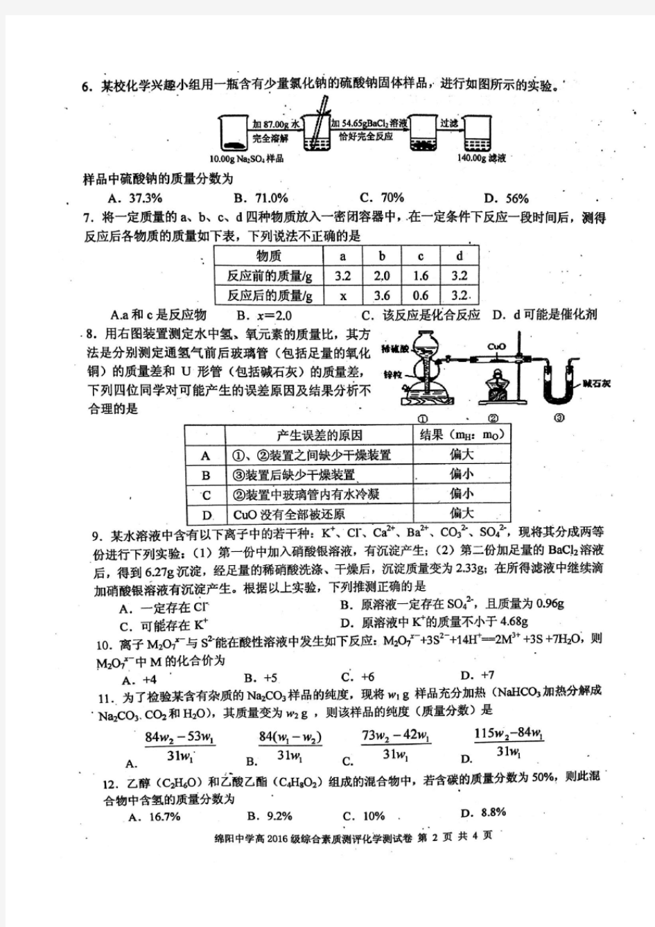 绵阳中学自主招生考试真题