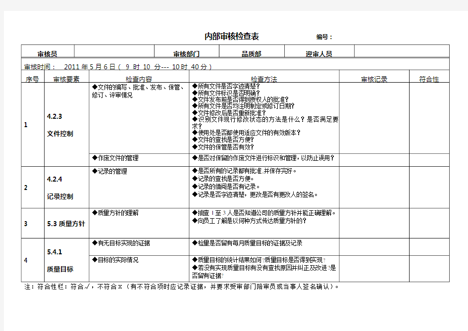 品质部内审检查表